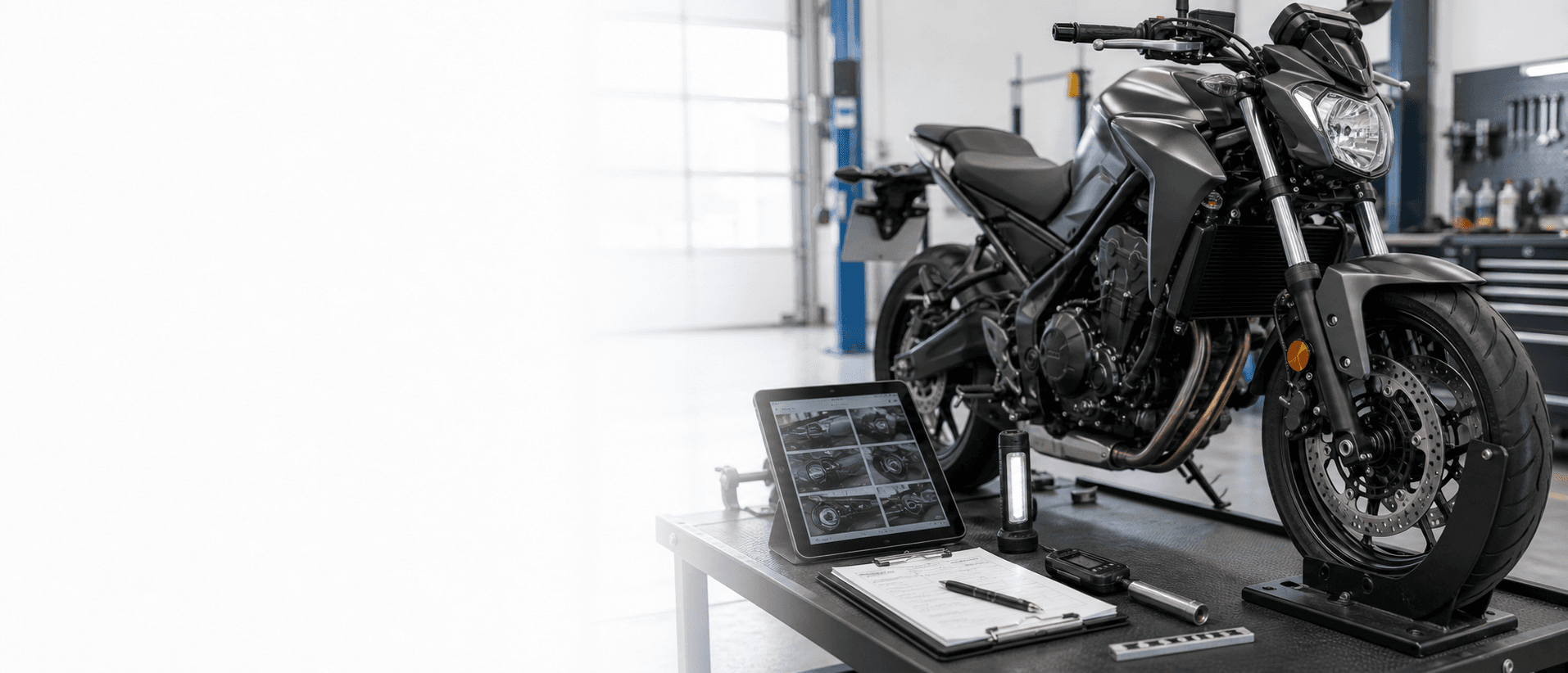 Helle Motorradprüfung mit Tablet und Prüfwerkzeug als Hero-Motiv für das Motorrad-Unfallgutachten