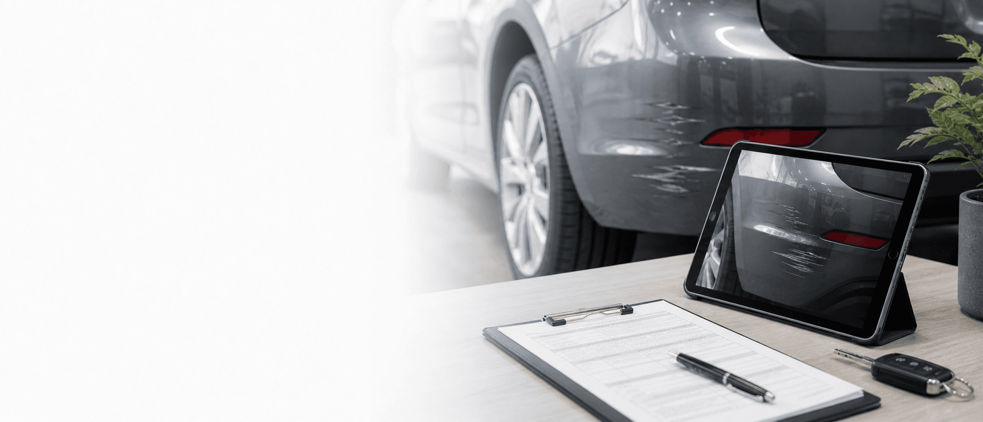 Dokumentierter Fahrzeugschaden mit Tablet und Unterlagen als Hero-Motiv für die Online-Schadenmeldung